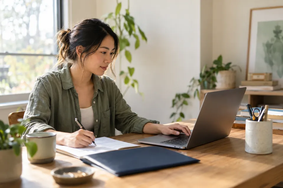 Illustrative self-employed applicant completing an online loan application at a home desk