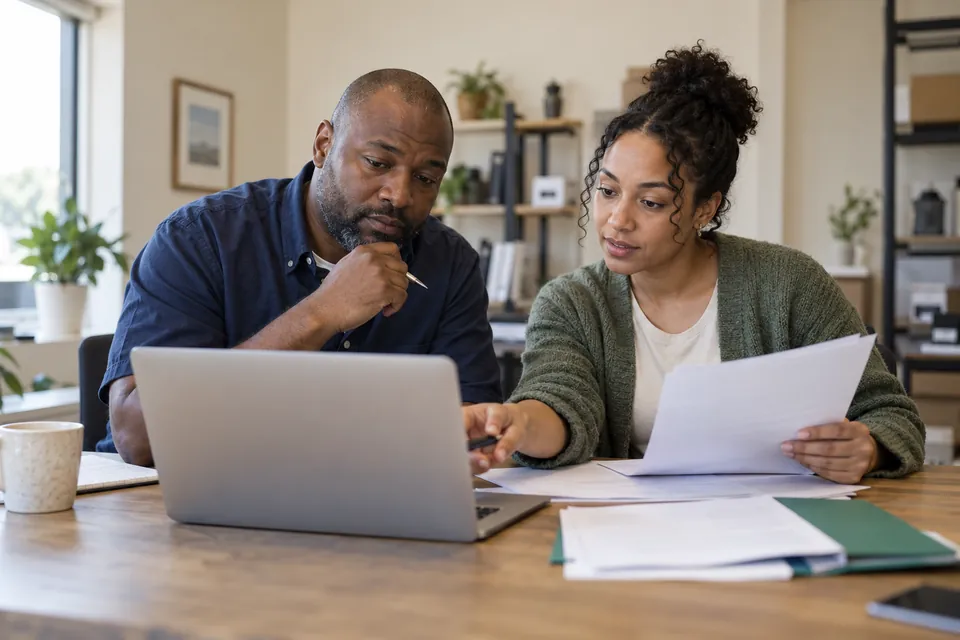 Illustrative business owner and bookkeeper reviewing monthly bank statements