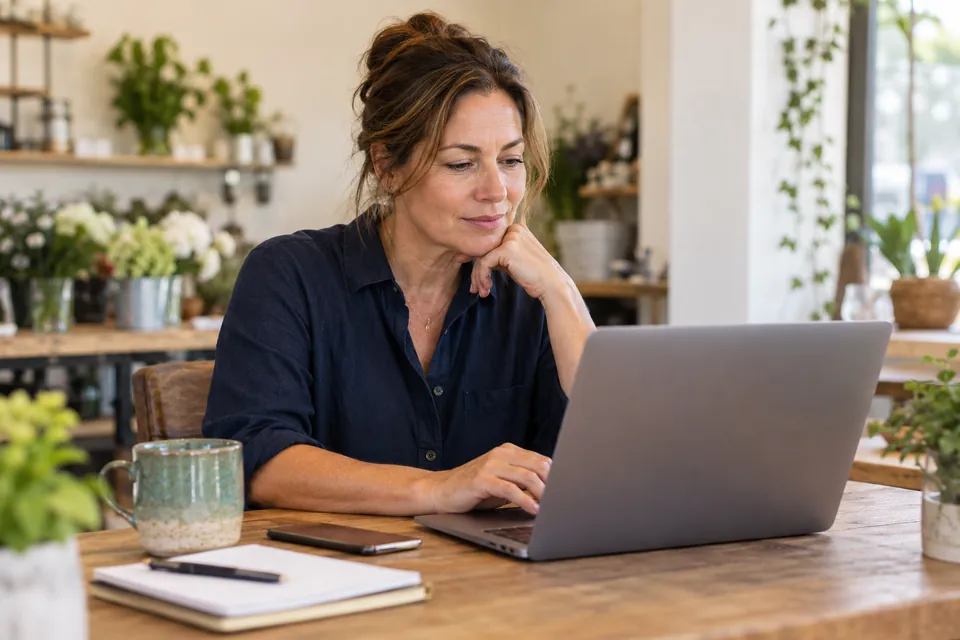 Illustrative business owner reviewing a business payment schedule at a desk
