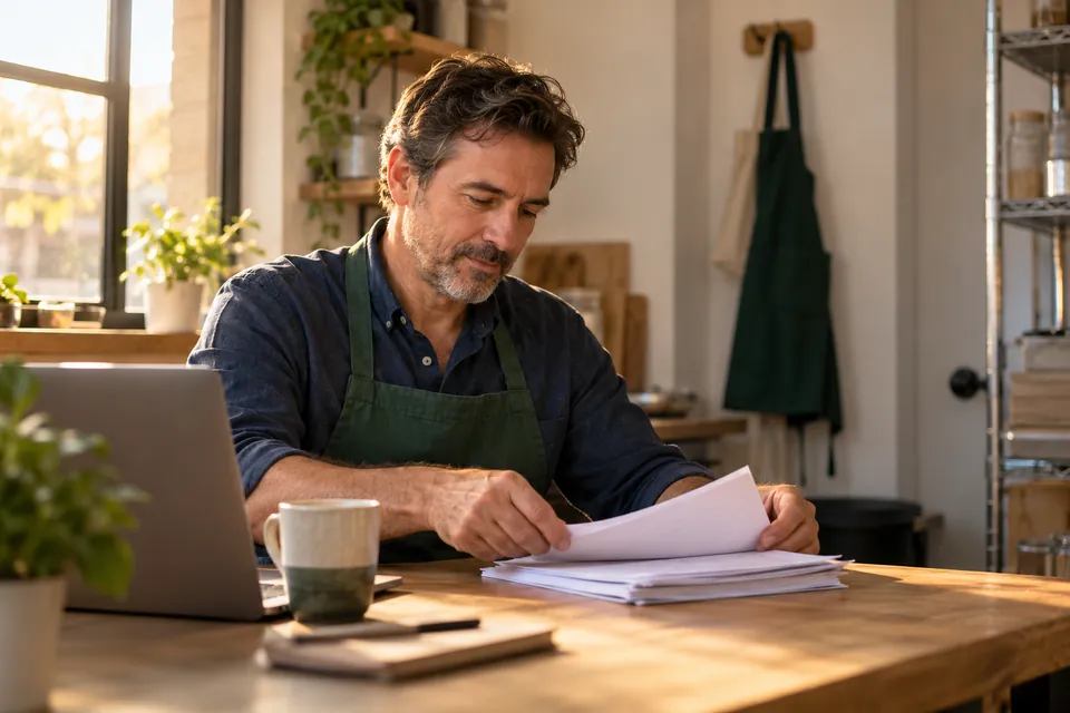 Illustrative café owner organizing several business payment statements in a back office