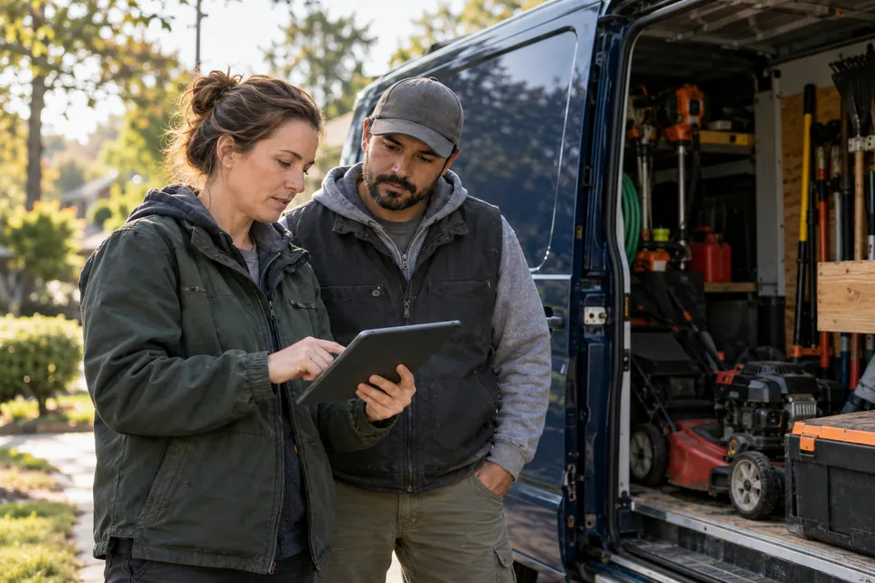 Illustrative landscaping contractor and crew lead planning the week's jobs beside a work van