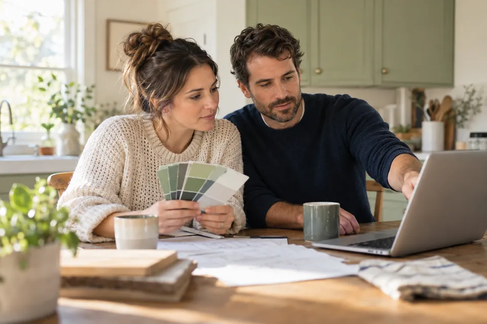 Illustrative couple planning a home repair expense at their kitchen table