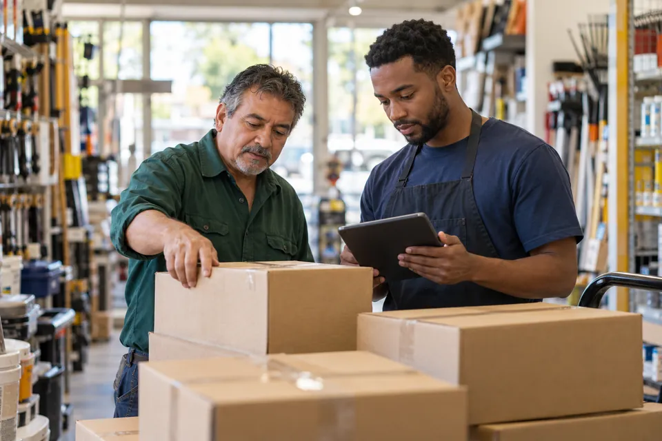 Illustrative hardware store owner and employee checking a new inventory delivery