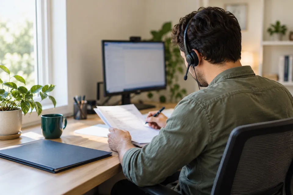 Illustrative application specialist working through a file during an in-house review