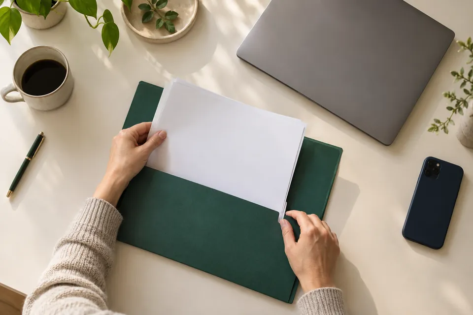 Illustrative hands organizing bank statements into folders before an application