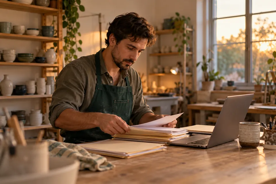 Illustrative studio owner preparing business records for a funding application