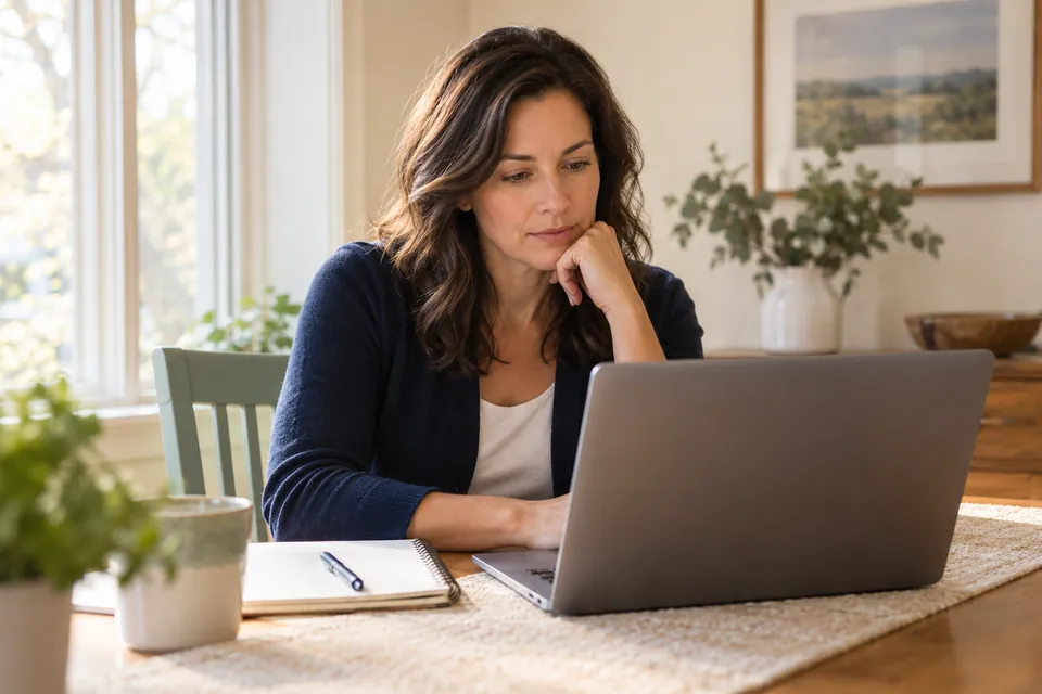Illustrative person reviewing personal loan terms on a laptop at home