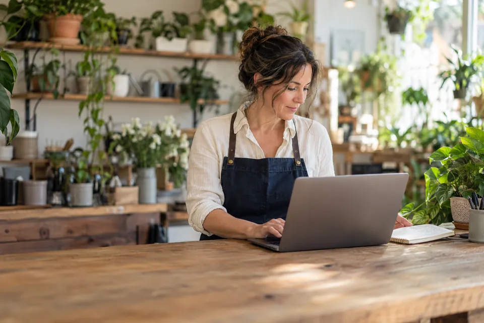 Illustrative small business owner completing a funding application on a laptop at her shop counter