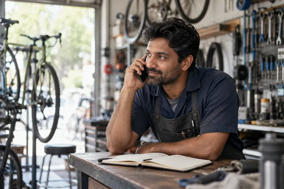 Illustrative small business owner on a phone call about funding questions at his shop counter